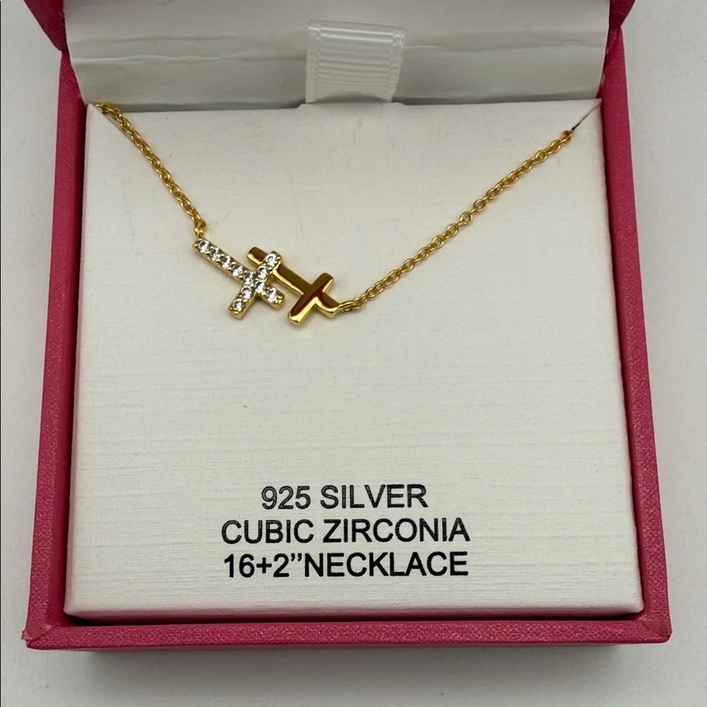 Charlotte & Lexi 925 Silver Gold Colored Cubic Zirconia Double Cross Necklace
